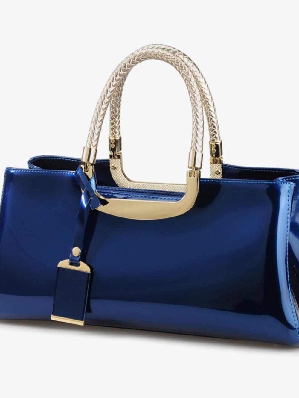 Blue Glossy Faux Patent Leather Structured Shoulder Handbag Women Evening Party